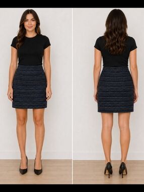 LOFT Black Blue Striped Tweed Mini Skirt 12